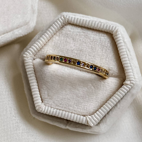Gold Dainty Rainbow CZ Diamond Ring Band - Picture 2 of 9